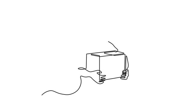 a delivery man in a cap holding a cardboard box, Self drawing animation one continuous line draw, logo on white background