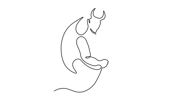  devilish figure with horns and a wing, holding a trident. Self drawing animation one continuous line draw, logo on white background