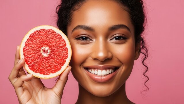 Radiant young woman holds a vibrant grapefruit slice next to her glowing face. Wallpaper Background image