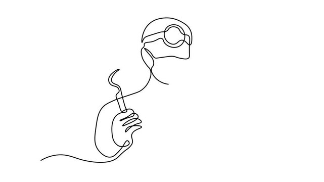 A dentist in protective gear, holding dental instruments, Self drawing animation one continuous line draw, logo on white background
