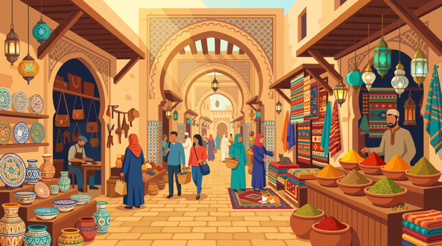 Vibrant Moroccan Souk with Bustling Market Stalls and Shoppers.