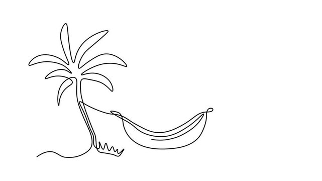 A serene hammock swings between two palm trees, evoking a tropical getaway vibe. Self drawing animation one continuous line draw, logo on white background