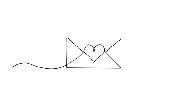 Minimalist continuous line art of a closed envelope featuring a heart symbol, representing a love letter or romantic message, Self drawing animation one continuous line draw, logo on white background
