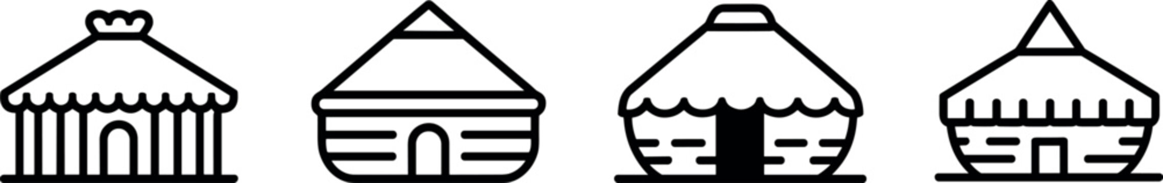 Traditional nomad yurt line icon set representing central asian mongolian ger tents and tribal round houses