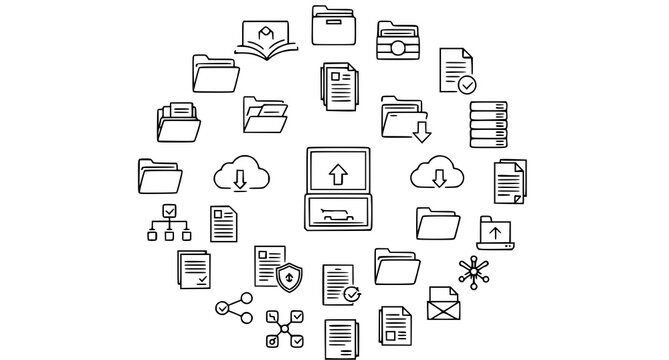 Modern file management and folder outline icons with document storage symbols vector set