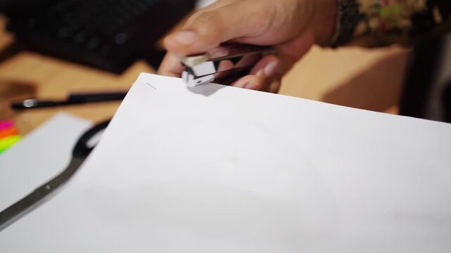 a man using a stapler to staple some paper