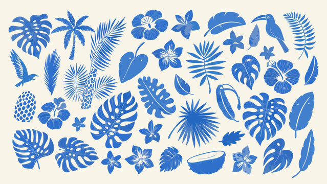 tropical plants and birds silhouette pattern on beige background leaves flowers palm tree monstera hibiscus toucan parrot feather botanical nature exotic
