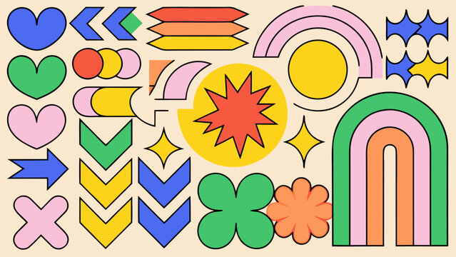 memphis design shapes colorful vector illustration pattern graphic art retro vintage playful explosion heart star arrow flower arc diamond zigzag circle