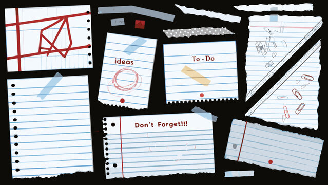 handwritten note scraps vector illustration with black background notes lined paper list ideas don forget sticky ruler clips sketches drawings memo