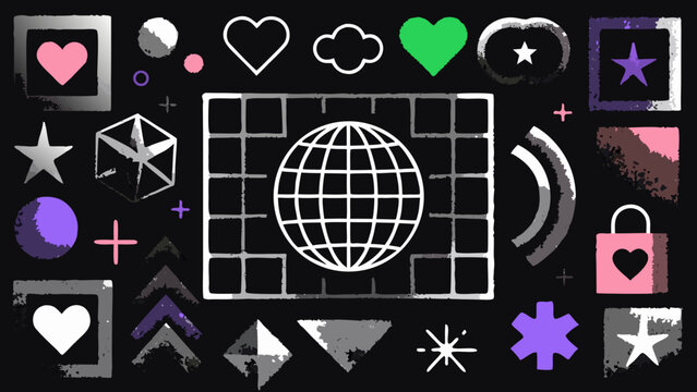 y2k acid graphics kit visuals chaotic mix of shapes and symbols on black background heart star cube globe triangle lock pattern
