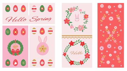 spring floral wreaths and eggs vector illustration flowers easter rabbit seasonal greeting flat design pattern holiday celebration nature botanical pastel pink © MINA