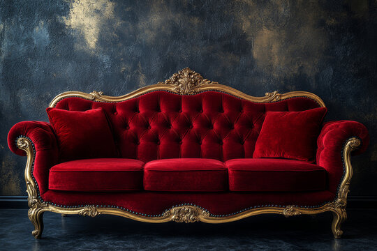 Red Gold Velvet Sofa in royal style on a dark background. Luxury Red Couch in the dark room with venetian plaster on a wall