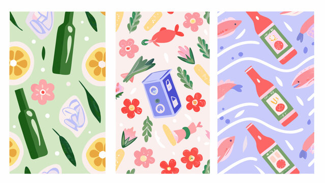 canned seafood patterns with bottles flowers and fish vector illustration design graphic art food beverage marine drink carton lemon herbs sauce
