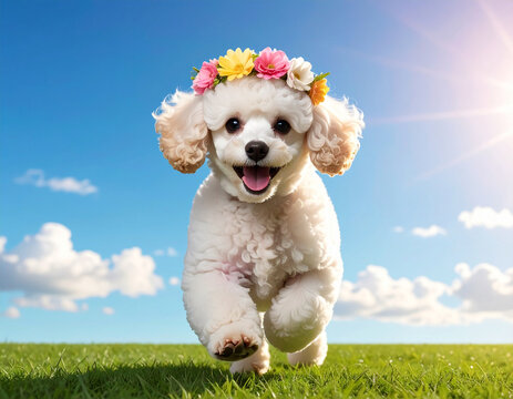 花かんむりをつけて笑顔で芝生をかけまわるかわいい白いトイプードル　ドッグモデル　犬