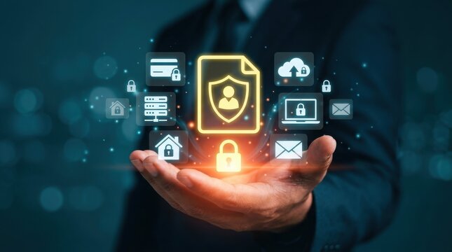A business professional holding a glowing digital interface with data privacy and security icons.