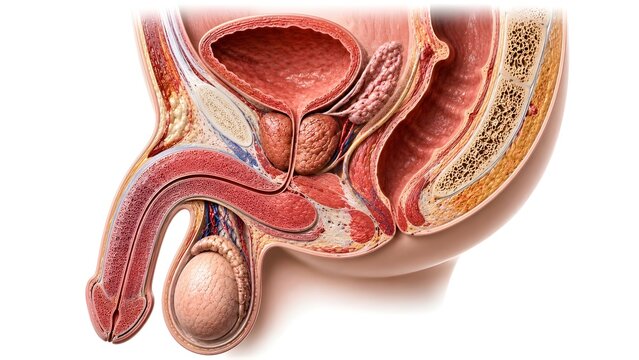 Male pelvic anatomy in sagittal cross section featuring the complete reproductive and urinary system. 