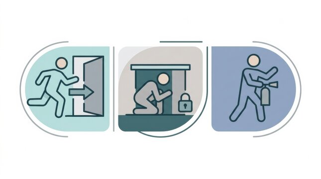 Illustration shows methods for dealing with workplace violence by emphasizing escape, hiding, and using safety tools to respond to threats.