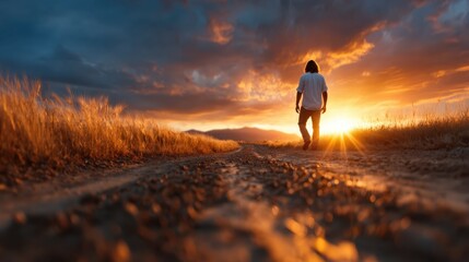 Obraz premium The captivating image of a person walking towards a brilliant sunset on a tranquil dirt path, showcasing a moment of peace and reflection in nature's beauty.