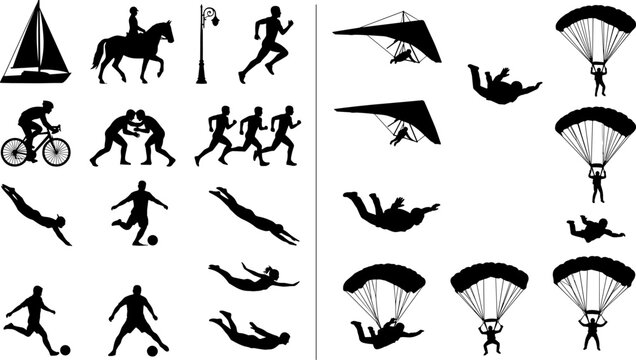 Adventure and Extreme Sports Silhouette Collection Featuring Cycling, Skydiving, Soccer, Running, and Outdoor Recreation Activities Vector Design