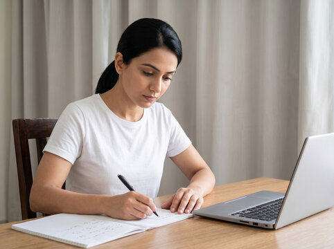 Focused Indian professional preparing for competitive exams and career advancement while studying at home