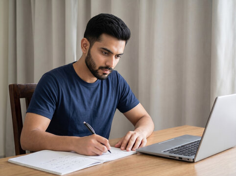 Indian student preparing for entrance exams and government recruitment with laptop and notes