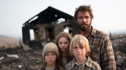 Fototapeta premium A resilient family stands together in front of their charred home, showcasing strength and unity in the face of adversity, as smoke lingers in the background of their struggle.