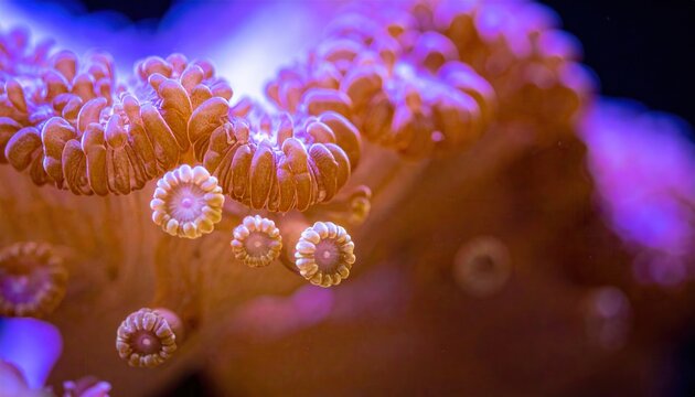 Detailed macro view of vibrant orange coral polyps with glowing purple light in an aquatic environment, showcasing intricate natural structures.