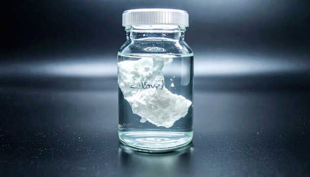 A small white phosphorus chunk submerged in clear liquid within a glass laboratory bottle under controlled lighting