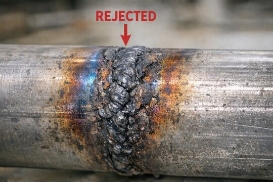 A rusty old pipe with a bright red arrow pointing upwards, suitable for use in illustrations about corrosion or infrastructure