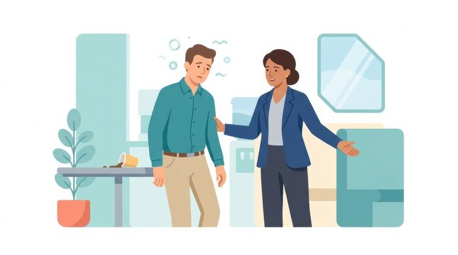 A supervisor talks to an employee showing concern in an office environment focusing on workplace violence prevention.
