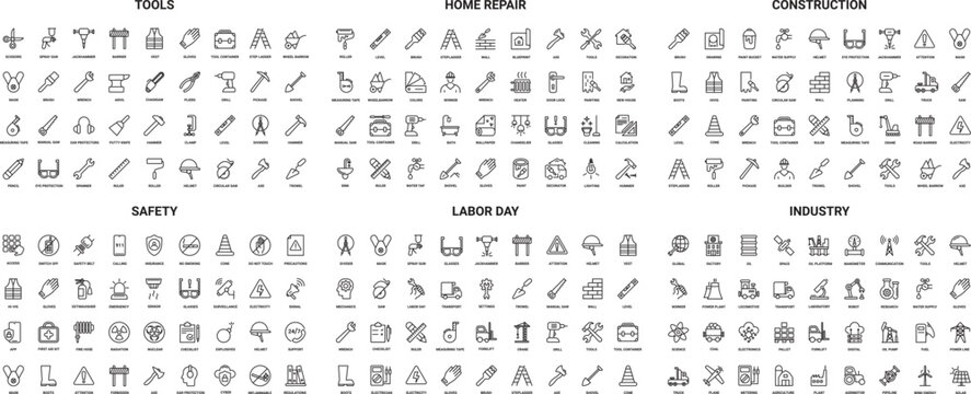 Construction and Industry Thin Line Icons Set Tools Safety Home Repair and Labor Symbols