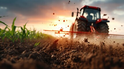 Fototapeta premium A tractor plows the fertile earth under a dramatic sunset sky, highlighting the connection between agriculture and nature while showcasing the beauty of rural landscapes.