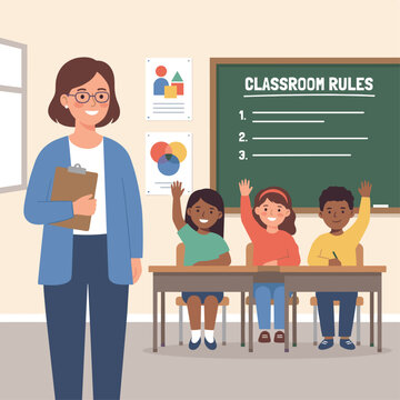 Teacher and students in classroom with rules on board