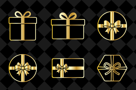 Elegant vector icon set of golden gift boxes with ribbons and bows in various geometric shapes on a dark checkered background