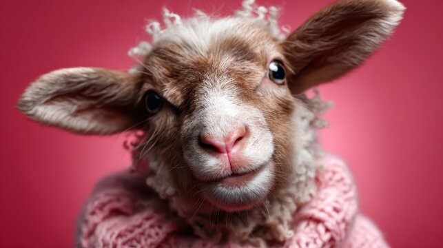 A charming young lamb, adorned with curly wool, gazes playfully at the camera against a vibrant pink background, showcasing its adorable features and joyful nature.