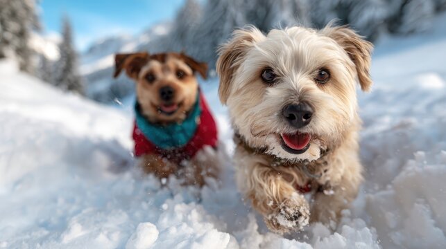 Two cheerful dogs frolic in the snowy landscape, showcasing joy, companionship and the playful spirit of furry friends enjoying the winter season together in nature.