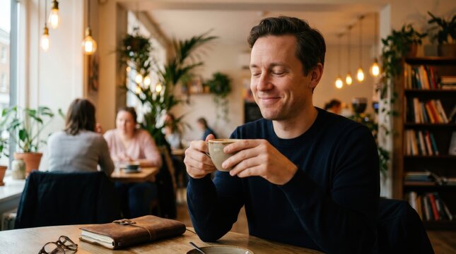 Young man enjoying coffee in a cozy caf&eacute; with plants and warm lighting