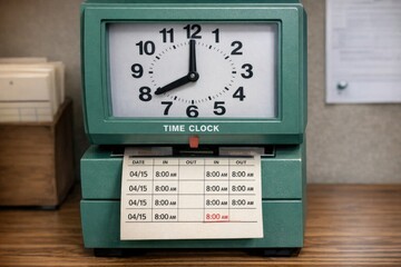 Naklejka premium A clock sits atop a desk beside a roll of paper, perfect for office or study scenes
