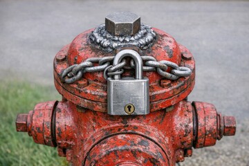 Fototapeta premium A red fire hydrant with a padlock attached, often used to secure access to water or firefighting equipment