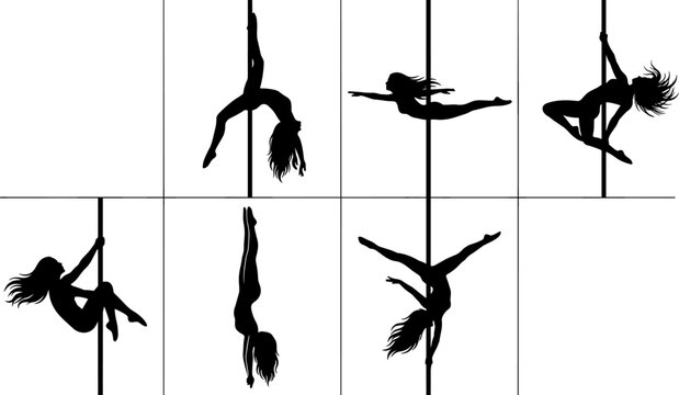 Pole Dance Silhouette Collection Featuring Athletic Female Acrobat Poses for Fitness Performance Art and Aerial Sports Design