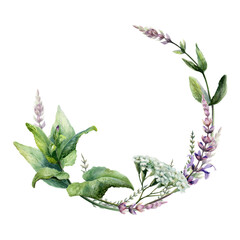 Mint, sage and yarrow wreath watercolor illustration template. Green herbs frame with copy space for organic vegan cosmetics packaging, natural pharmacy branding design, wellness greeting card © AnKa