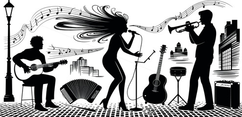 Silhouettes of a musical band performing on a city street featuring a singer, guitarist, and trumpet player illustration © Md