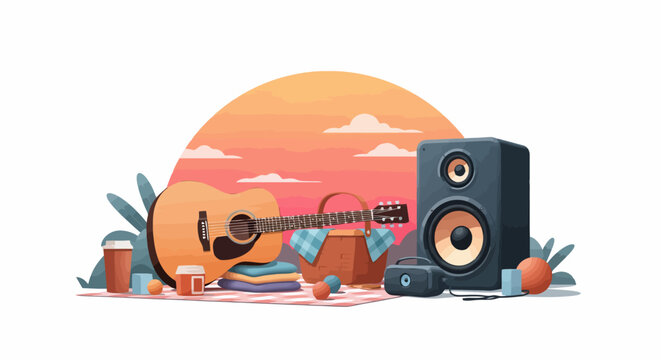 Acoustic guitar and speaker setup for outdoor music session.
