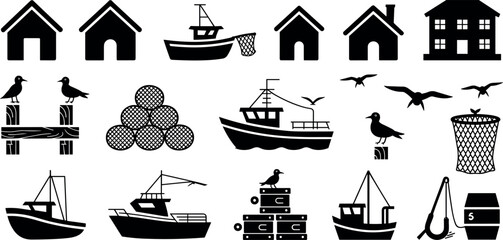 Collection of black silhouette icons featuring fishing industry elements, boats, harbor buildings, seagulls, nets, and nautical equipment isolated © Md
