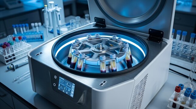 Modern laboratory centrifuge machine spinning medical test tubes with blood samples, high-tech clinical diagnostic equipment for hematology analysis, research, and healthcare biotechnology in a lab.