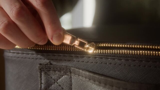 Top view close up shot of unrecognizable young woman slowly opening zipper on purse or suitcase with gold decor elements, copy space