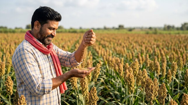 Indian farmer inspecting harvested jowar grains in healthy sorghum field during harvest season