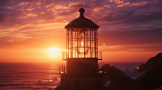 Majestic lighthouse silhouetted against a vibrant sunset over the ocean, casting a warm glow.