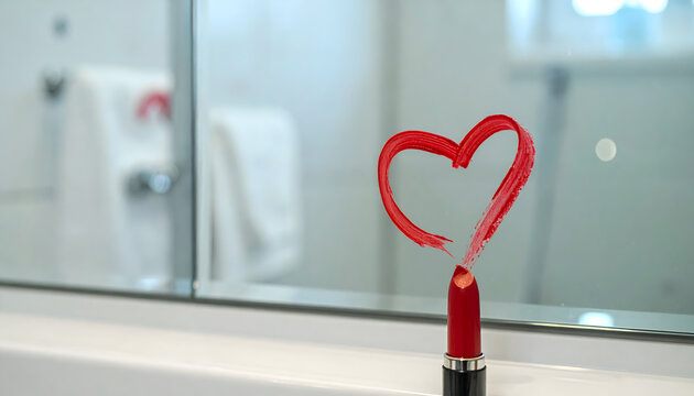 Mirror with red lipstick heart drawing showing creamy texture and steamy background with lipstick tube on counter under soft lighting generative AI