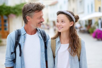 Obraz premium Father and teenage daughter walking and smiling on a european street for family travel banner and lifestyle background